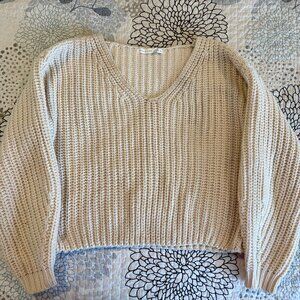 Altar'd State Women's Sweater Large Cream Boxy Crop Chunky Knit Boho Vneck
